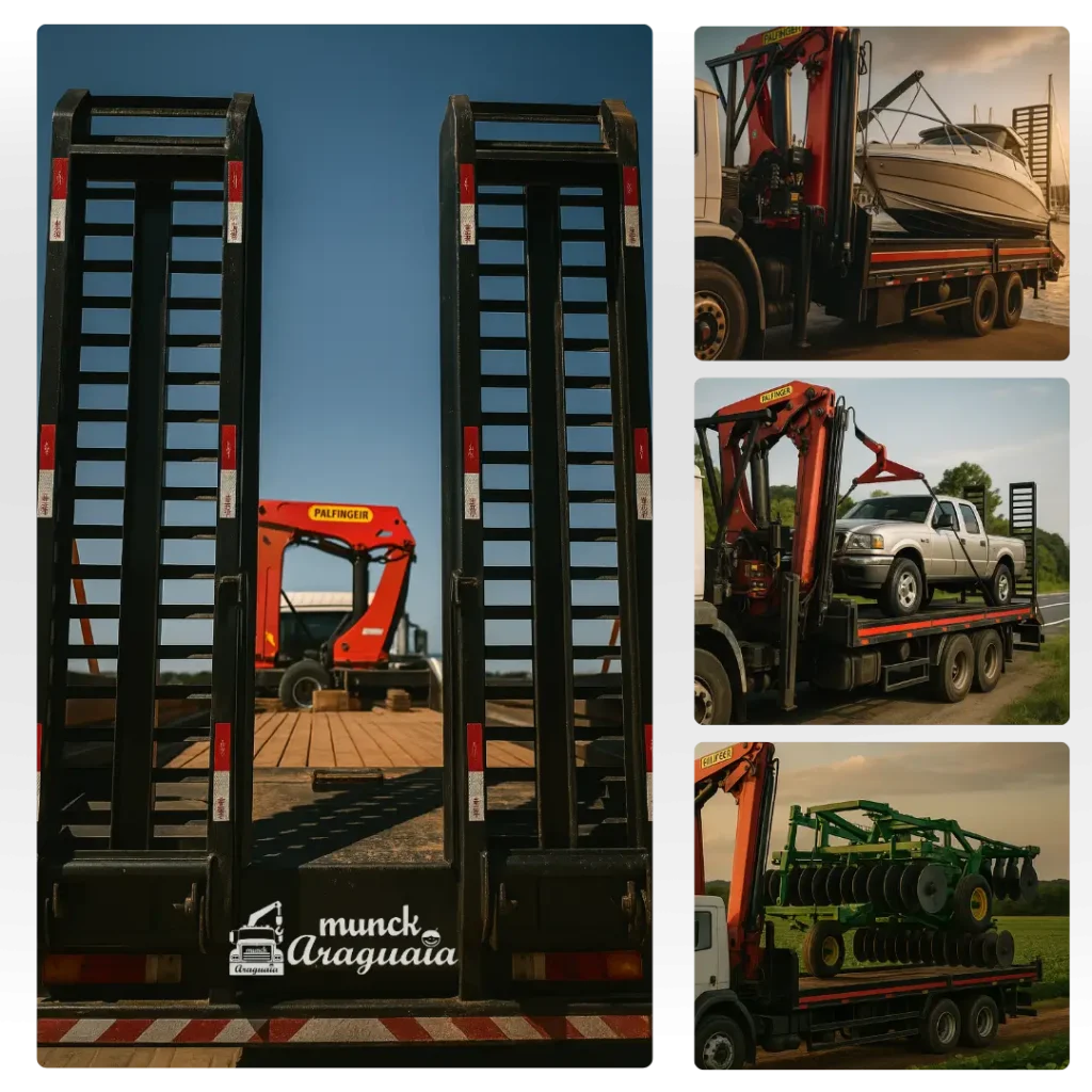 Caminhão Munck plataforma realizando transporte de equipamentos pesados, incluindo mini escavadeira, caminhonete, embarcação e implemento agrícola. Serviço versátil de guindauto da Munck Araguaia, ideal para remoção, içamento e transporte rodoviário.